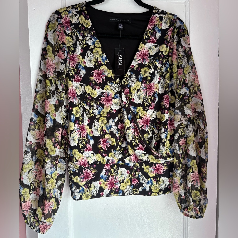NWT White House Black Market Black Floral Wrap Blouse Long Sleeve Top Size S